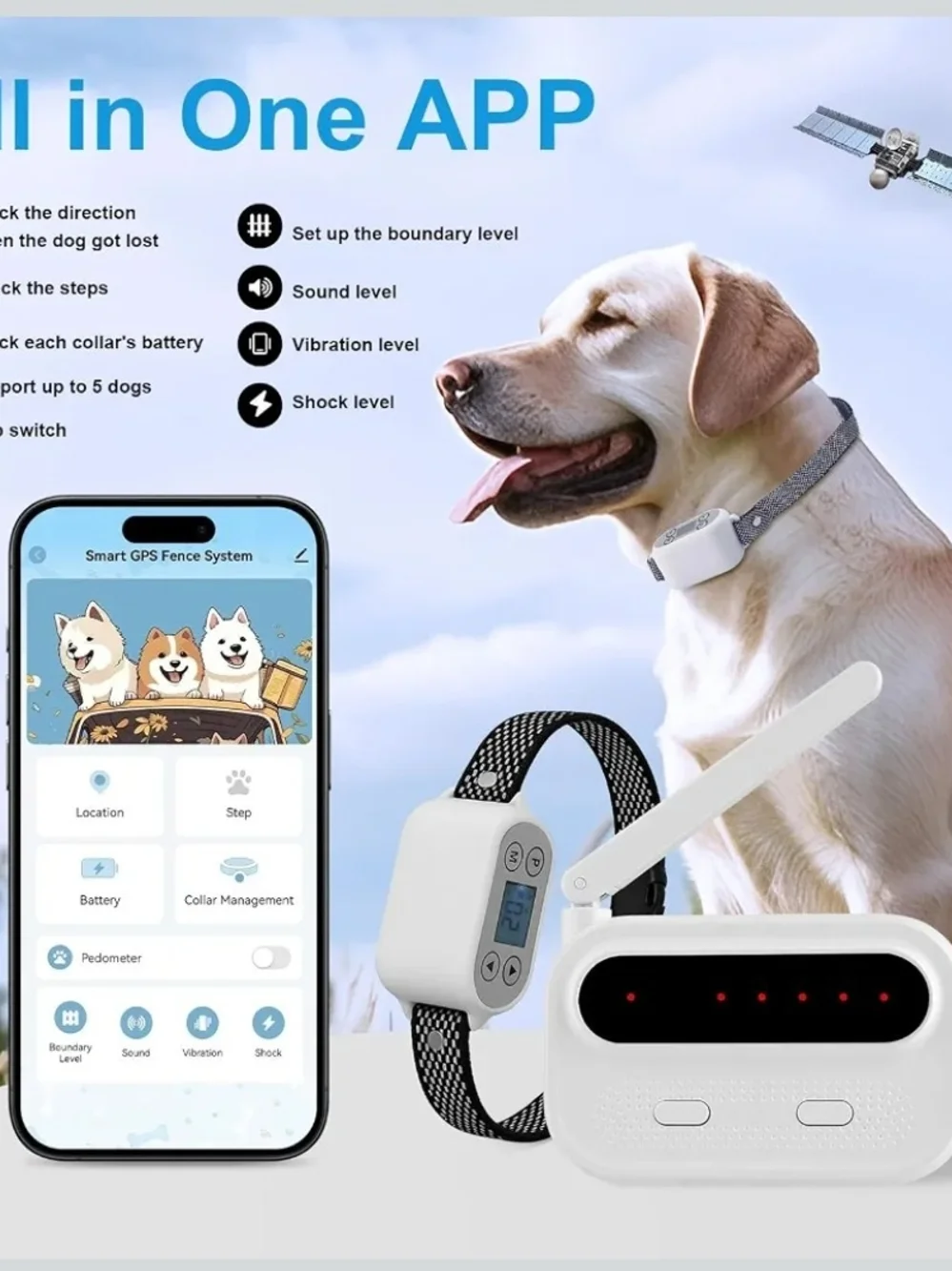 GPS Wireless Dog Fence System App Control No Wire 984FT Waterproof Collar White